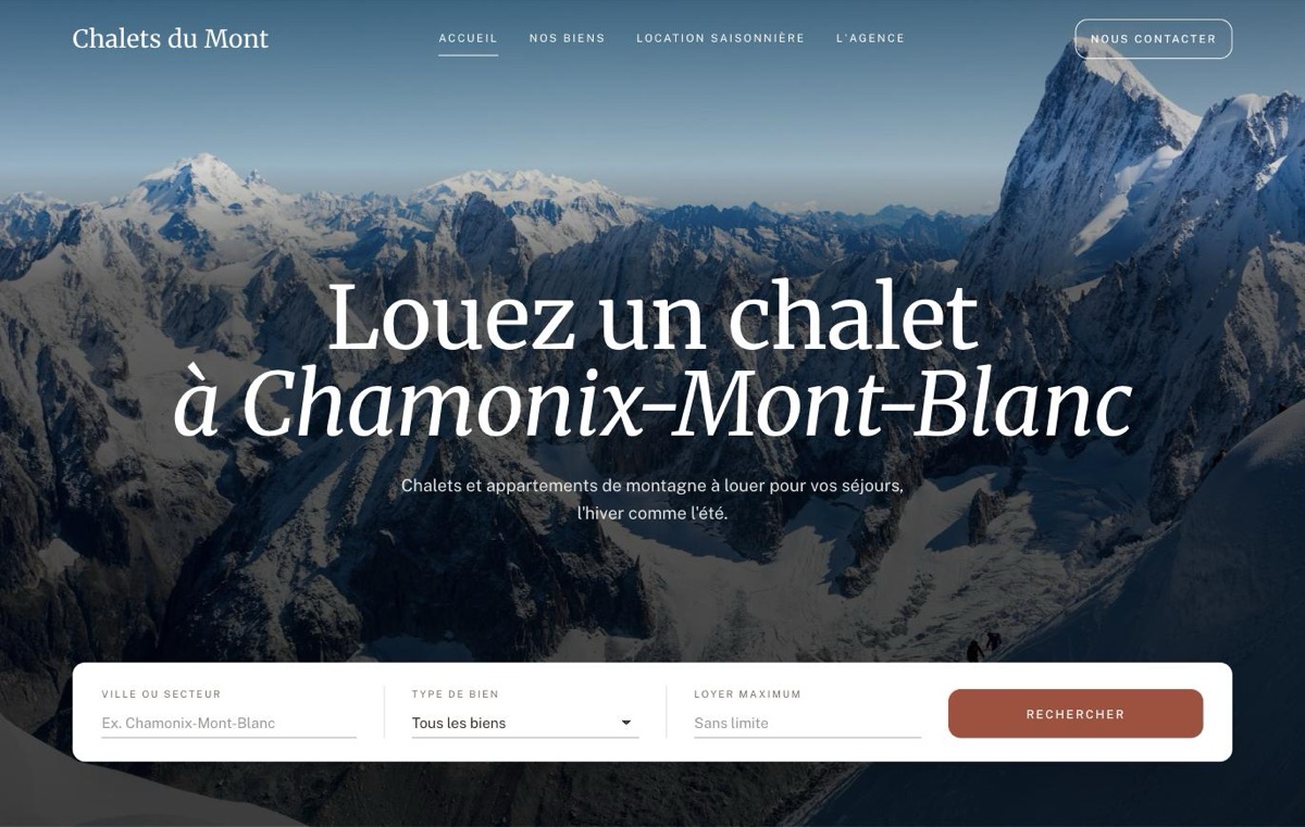 Accueil du site d'exemple Chalets du Mont, à Chamonix-Mont-Blanc